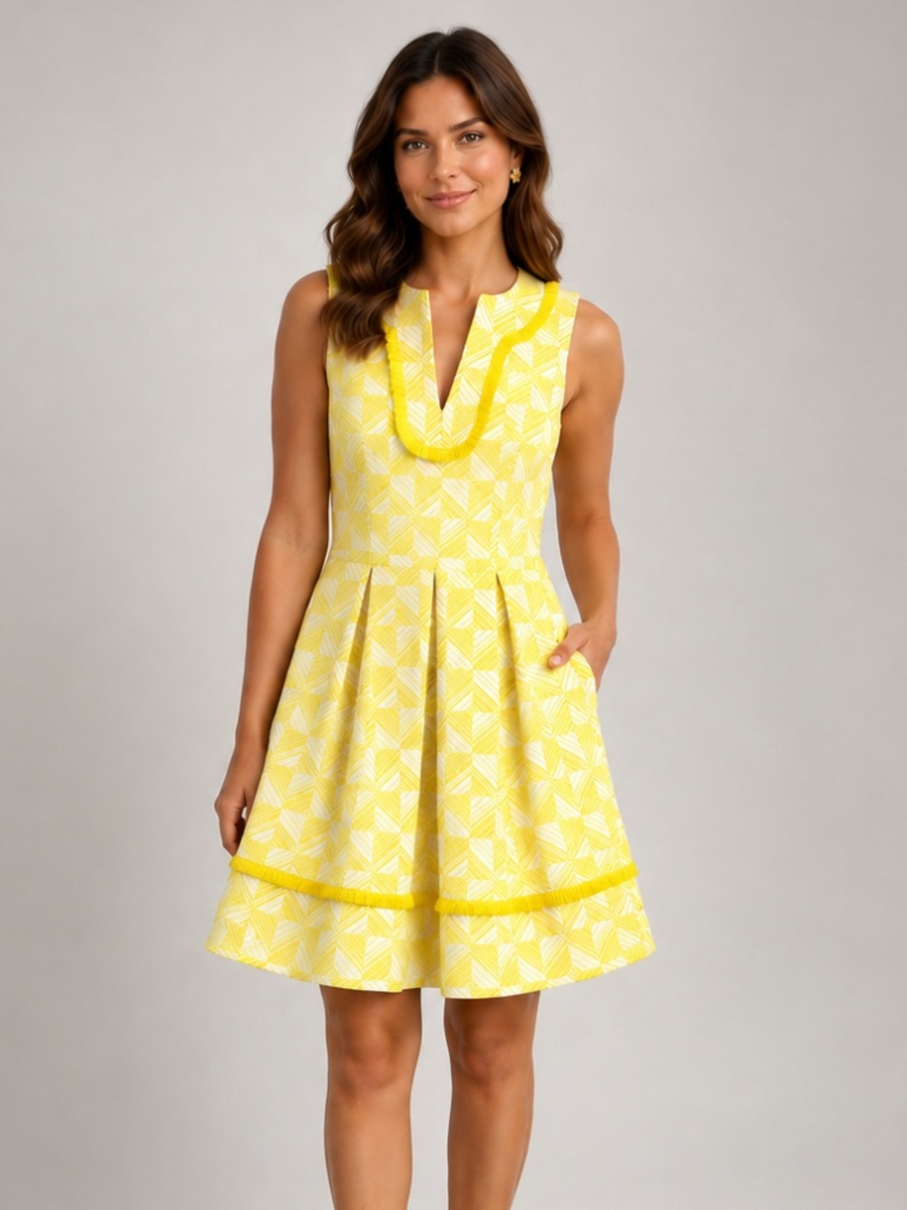TRINA TURK Yellow Geometric Jacquard Fringe Trim Sleeveless Dress Size 0